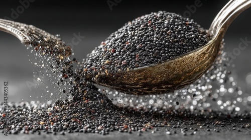 Close-up of chia seeds spilling from a silver spoon on a dark background