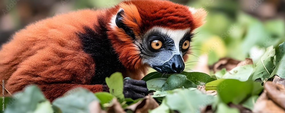 Fototapeta premium Red ruffed lemur sits among greenery eating a leaf