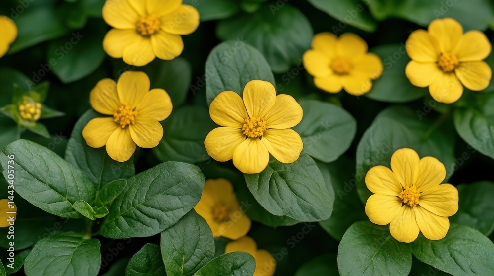 Fototapeta premium Close-up view of vibrant yellow flowers amongst lush green foliage