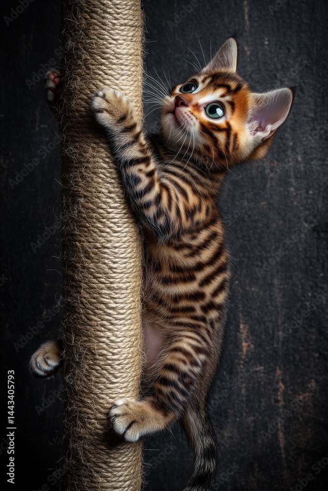 Fototapeta premium Adorable Bengal kitten climbing a scratching post with playful curiosity and vivid markings.