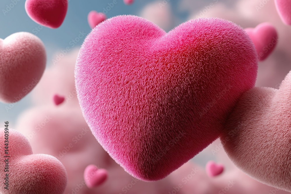 Pink hearts floating gently among fluffy pink clouds create a dreamy atmosphere perfect for romance and daydreaming