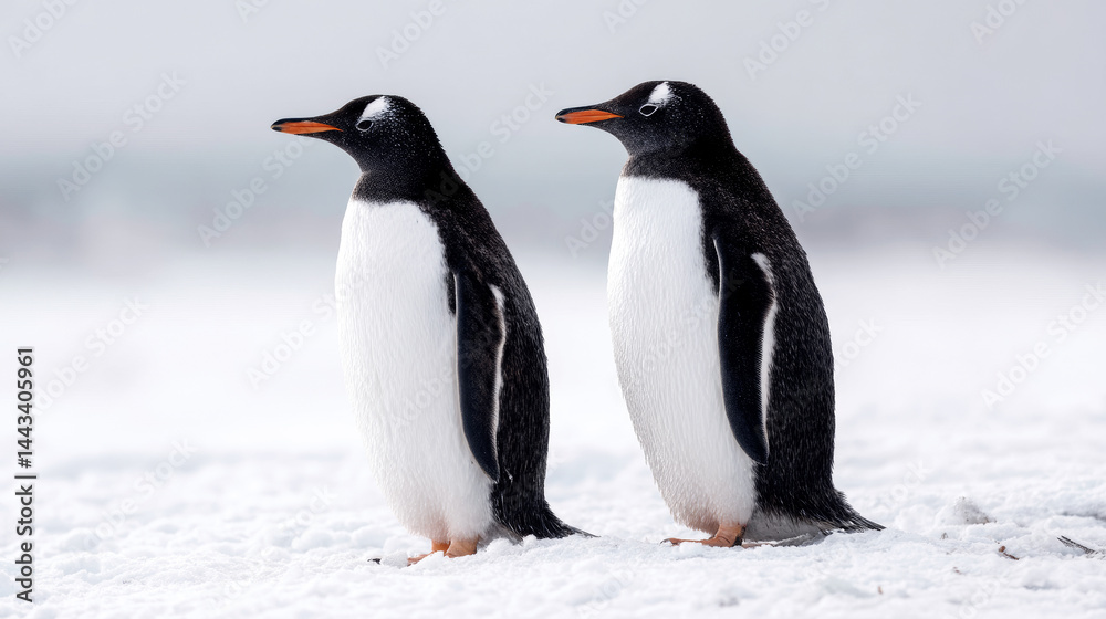 Obraz premium Couple of gentoo penguins standing together in a snowy landscape, gazing in the same direction amidst the cold, pristine wilderness
