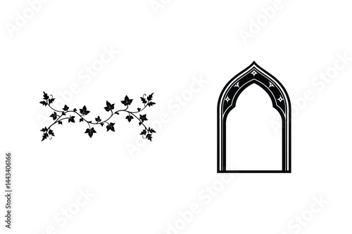 Ornate Gothic Arch With Ivy Vine Decoration Isolated On White Background