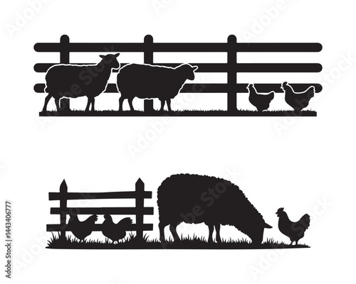 Black vector silhouettes of sheep and chickens in rustic farm-themed composition