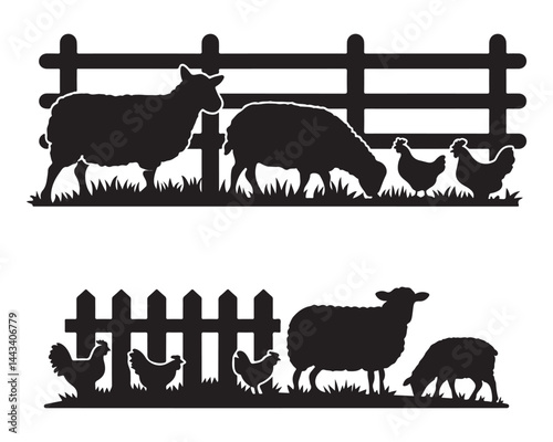Minimalist vector design of chicken and sheep farm animals in silhouette style