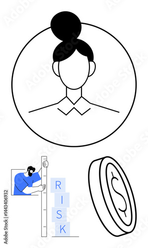 Womans profile in circle, person analyzing risk blocks, large dollar coin. Ideal for finance, management, analysis, decision-making, economics, personal branding simple landing page