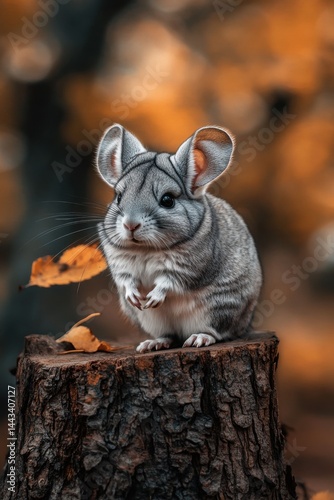 A cute gray chinchilla perched on a tree stump surrounded by autumn leaves.