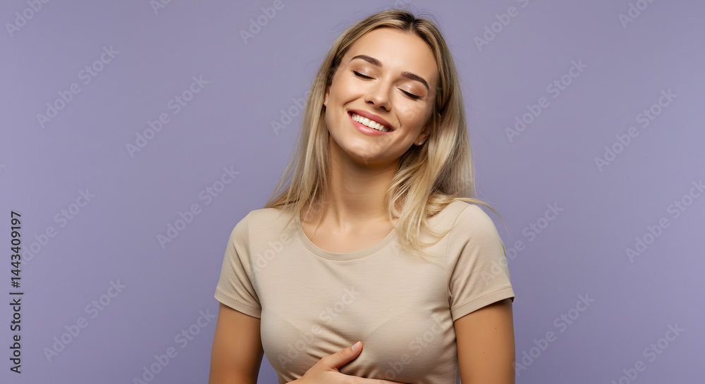 Fototapeta premium Radiant Blond Woman with Braids Laughing in Studio against Light Purple Background