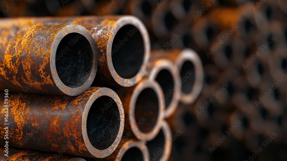 Rusty steel tubes in an industrial warehouse emphasize the passage of time through their weathered surfaces