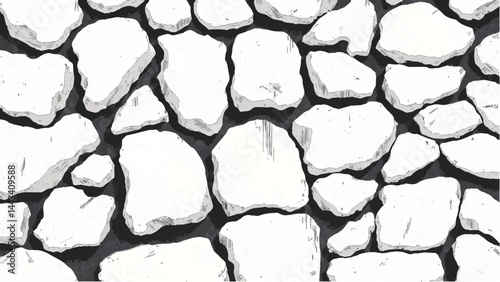 A black and white texture of a stone wall with a rough, uneven surface. Stone wall background. 