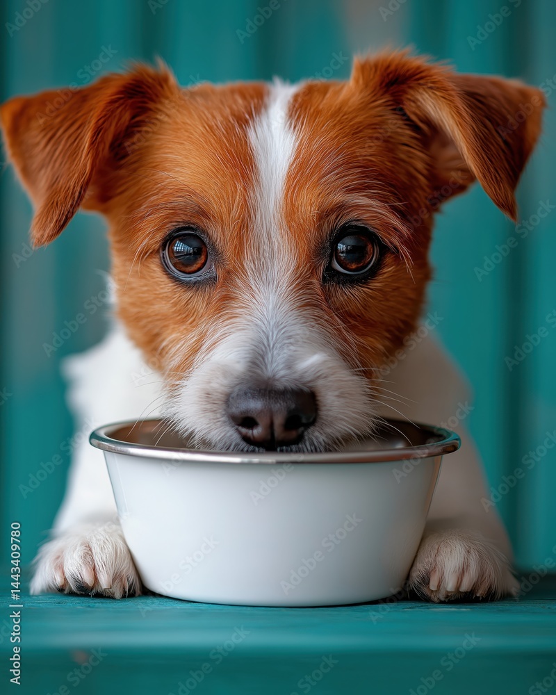 Cute dog with pleading expression holds empty bowl in studio setting during indoor portrait session