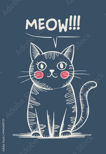 Whimsical illustration of a cat with pink cheeks meowing