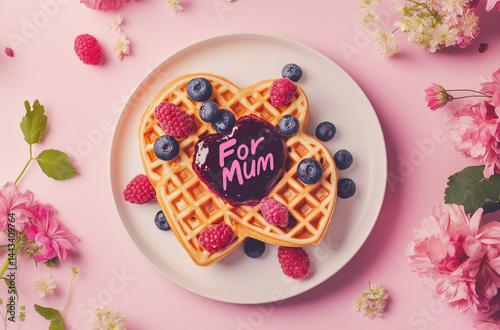 Heart-shaped waffle with berries and jam on white plate with Mother's Day cards and flowers








