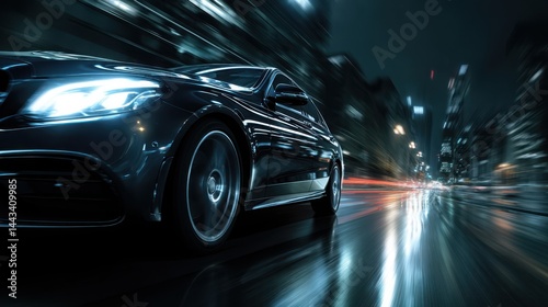 Black Car Speeding Through City at Night, Motion Blur Photography, Transportation Theme, Dark and Moody Tone