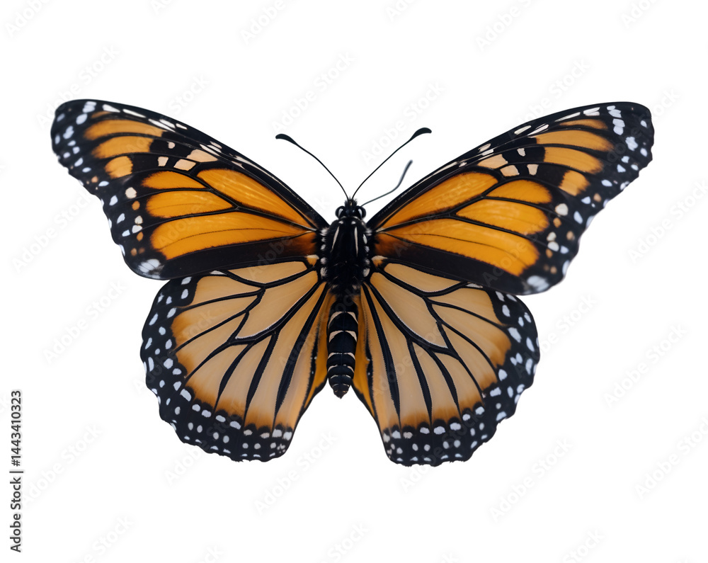 Obraz premium Elegant Monarch Butterfly Close-Up, A Detailed View of Wing Pattern and Delicate Structure in Isolated Plain, Revealing the Beauty of Nature