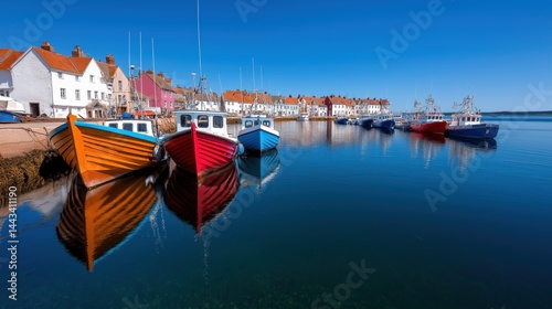 Charming coastal fishing village with colorful boats docked by a peaceful harbor on a clear sunny day