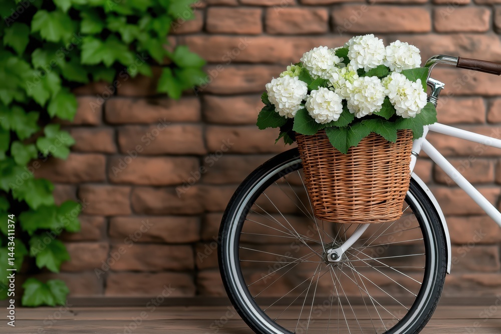 Vintage bicycle with a wicker basket filled with white flowers against a brick wall in a quaint outdoor setting