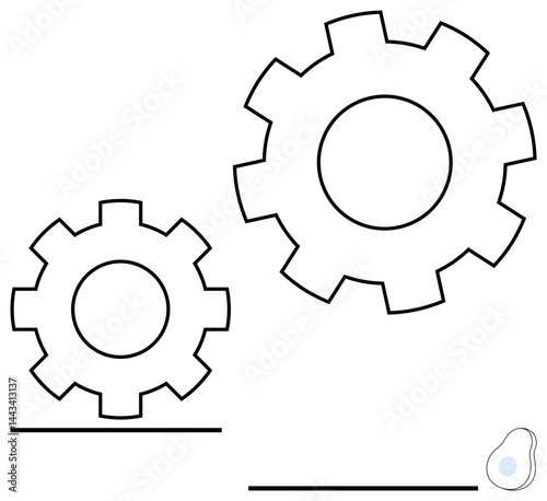 Two interconnected gear outlines symbolizing teamwork, process efficiency, and problem-solving. Ideal for productivity, innovation, optimization, teamwork, strategy mechanics workflow. Flat simple