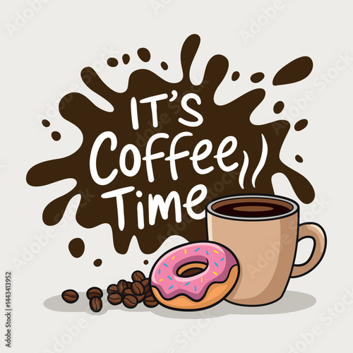 Coffee time illustration with a mug, donut, and coffee beans
