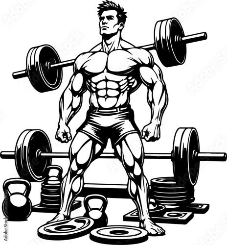  Hooded Bodybuilder Bench Press – Hardcore Gym Motivation Art" vector