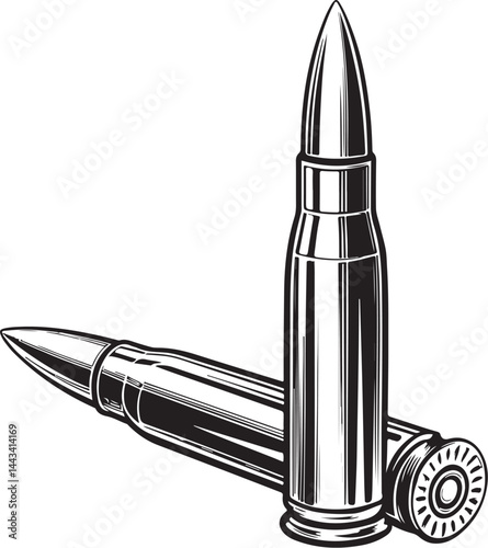 Ammunition Bullet Bullets Black and White Vector Illustration, Sketch Drawing Line Linear Symbol Icon Engraving, Hand-drawn Isolated
