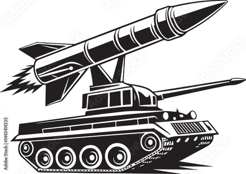 Missile launcher, War Weapon, Black and White Vector Illustration, Sketch Drawing Line Linear Symbol Icon Engraving, Hand-drawn Isolated
