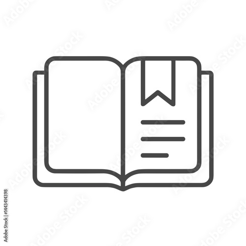 Outline illustration of an open book with a bookmark and text lines on a white background