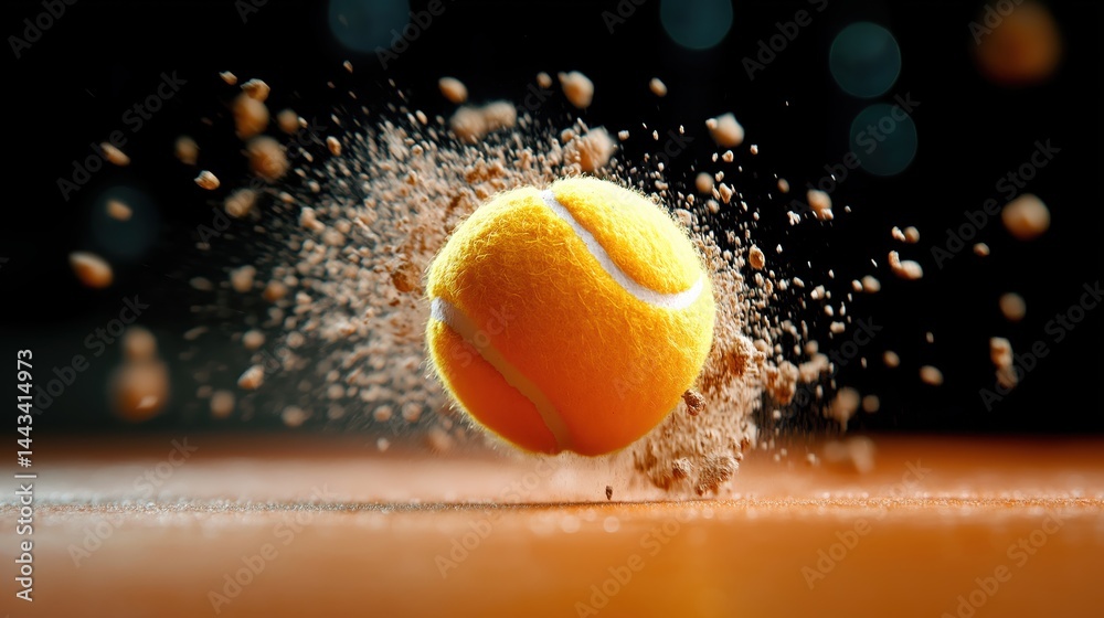 Close-up view of a tennis ball soaring through the air with dirt particles flying on a red clay court during a dynamic match