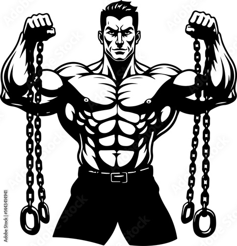 Muscular Warrior Breaking Chains – Fitness Power Illustration"
