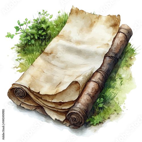 illustration of Spell Scroll Unraveling Mid-air, watercolor vector, isolated on a white background.