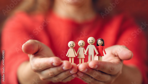Hands Holding Wooden Family Figurines Representing Care