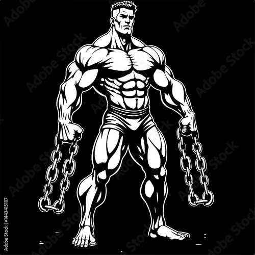 Muscular Warrior Breaking Chains – Fitness Power Illustration"
