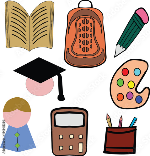 Colorful Hand-Drawn Education Icons Set with Book, Backpack, Graduation Cap, Pencil, Calculator, Palette,, and Teacher Symbols for School Learning Theme