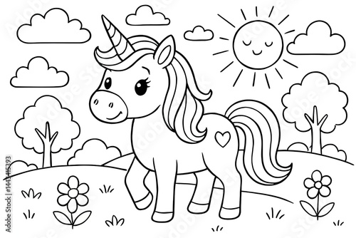 Cute Cartoon Unicorn in a Sunny Meadow