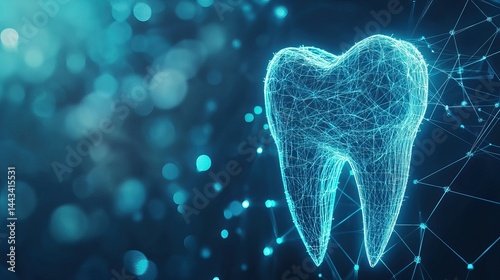 Futuristic digital tooth model made of glowing blue lines and connections on abstract dark tech background for dental concept