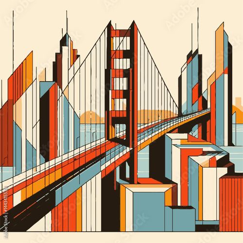 Golden Gate Bridge San Francisco Landmark in Vibrant Geometric Urban Illustration