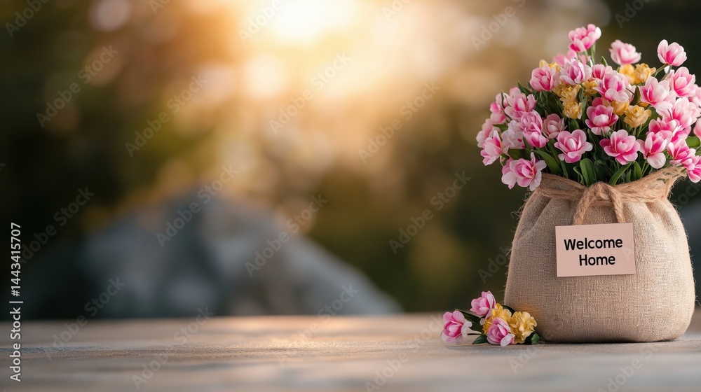 Bright front porch adorned with colorful flowers and a warm welcome mat in a sunny spring setting