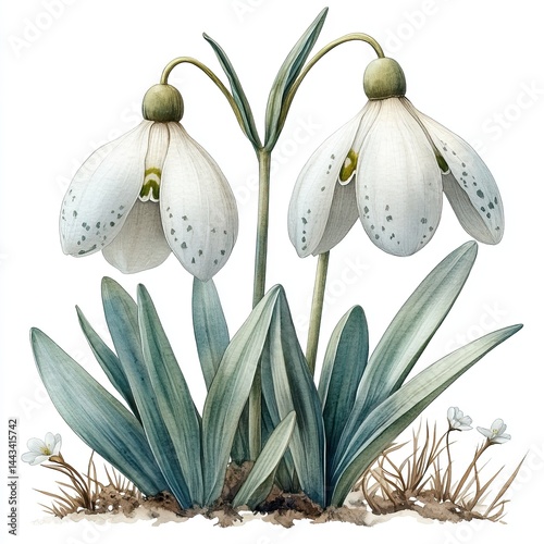 Watercolor illustration of blooming snowdrop flowers with green leaves and white petals isolated on white background