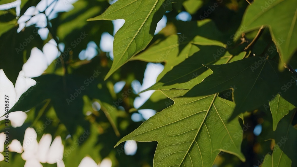 Upward close-up: lush vibrant green maple leaves illuminated by bright sunlight through canopy, creating dappled light. Evokes warmth, summer, vitality, nature's energy view. Upward close-up: lush vibrant green maple leaves illuminated by bright sunlight through canopy, creating dappled light. Evokes warmth, summer, vitality, nature's energy view.