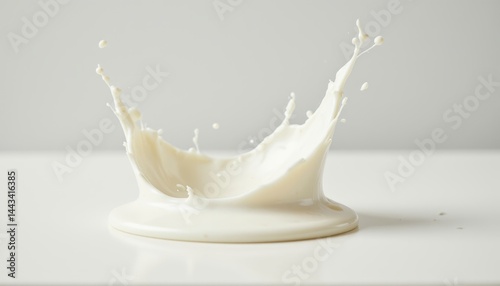 A splash of milk captured mid-air against a clean, white background.