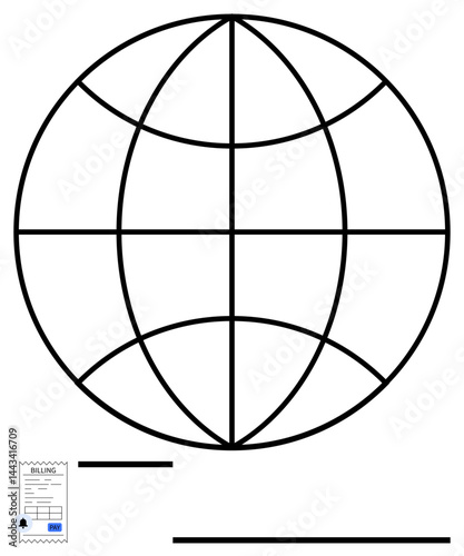 Grid-patterned sphere representing global connections paired with a billing document. Ideal for finance, globalization, networking, technology, trade, logistics, education. Flat simple metaphor