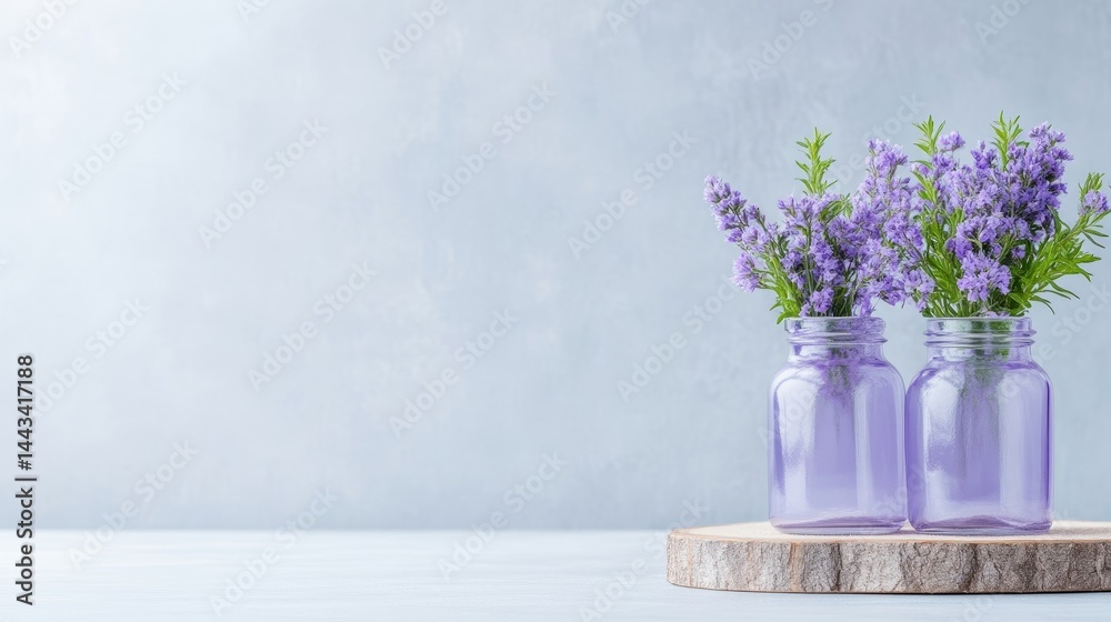 Obraz premium Purple lavender flowers in small glass jars on a wooden slice against a light blue background.
