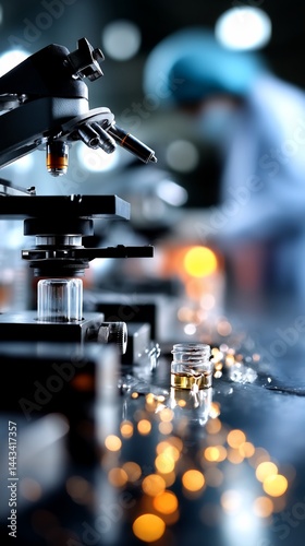 Microscope detail with lab tech in background, testing vials with soft focus