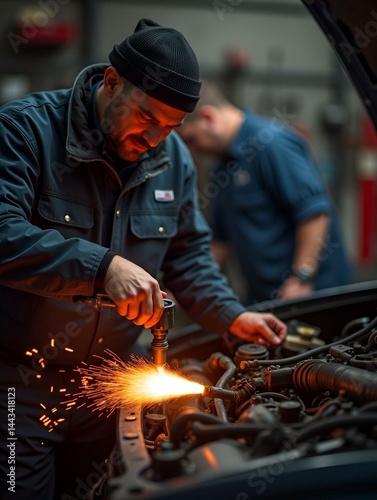 Car master mechanic repairer heating the screws with flamethrower burner