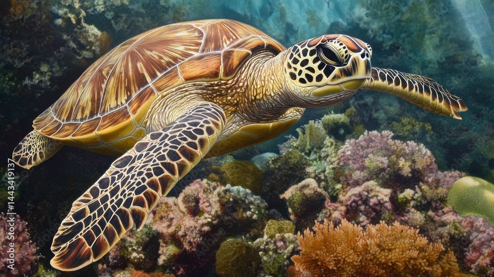 Fototapeta premium Graceful Sea Turtle Amidst Vibrant Coral Reef