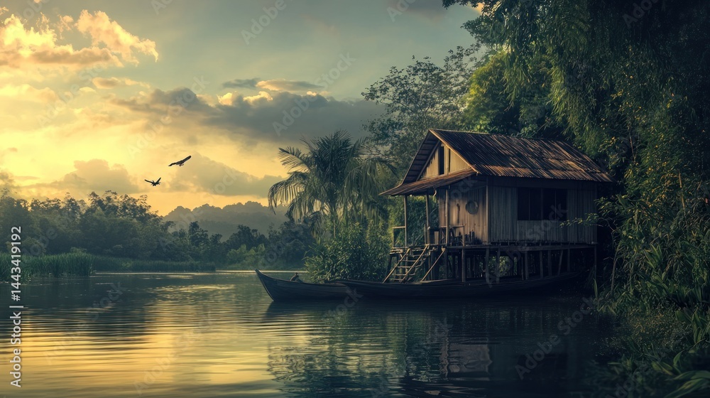 Fototapeta premium Rustic riverside cabin at sunset