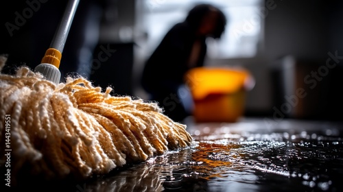 Mop cleaning a wet floor, person in background, near a bucket, in a dim room