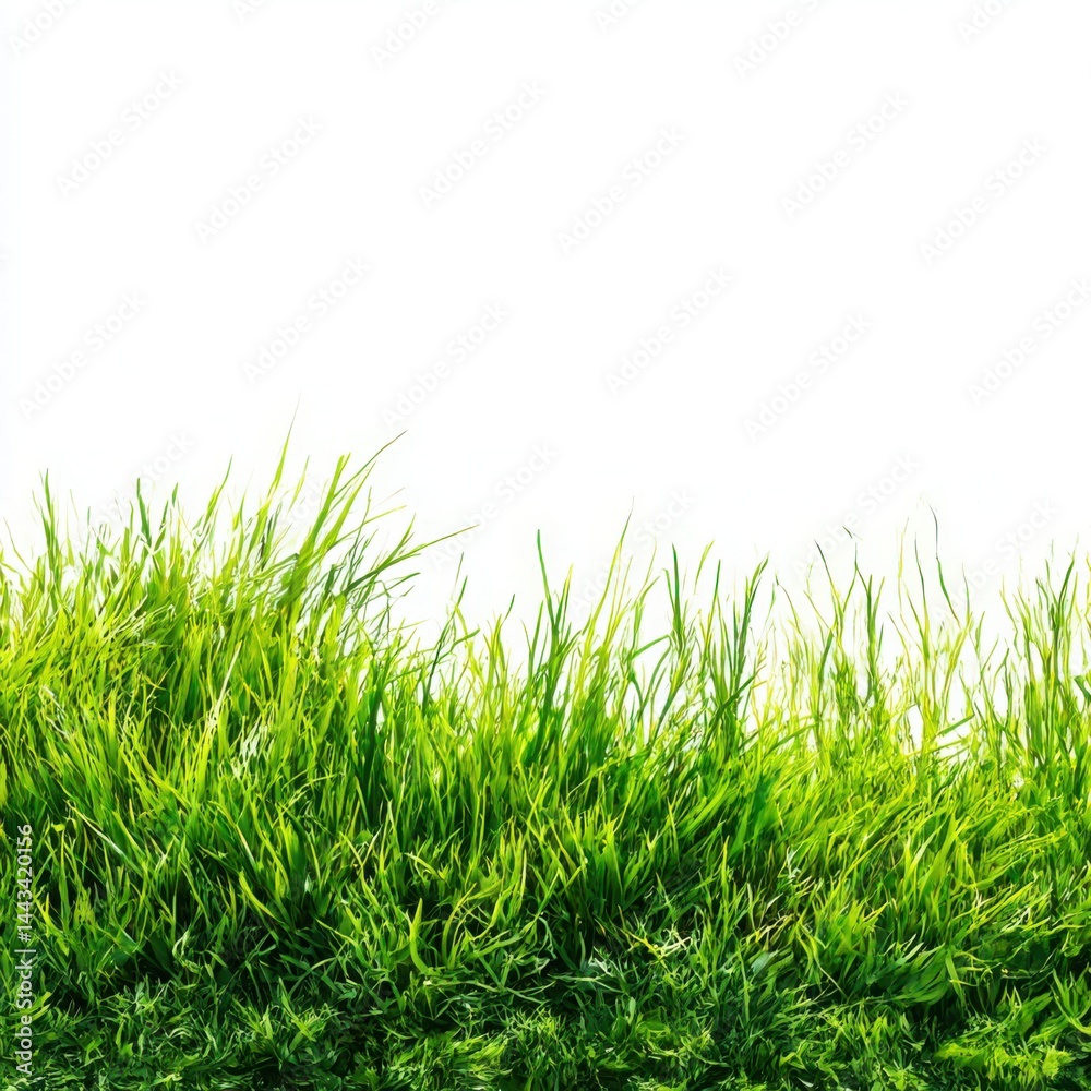 Fototapeta premium Lush green grass close up view on white background