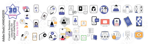 Digital Communication Icons: Vector Set for Social Media, Messaging & Online Networking, Icon set of communication concept in a variety of digital and social interactions. This set includes scenes