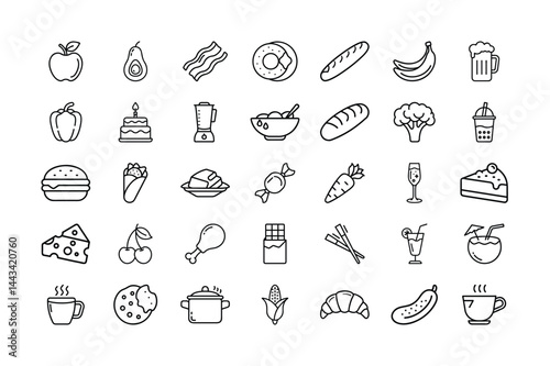Food icon set in outline style healthy and unhealthy food options